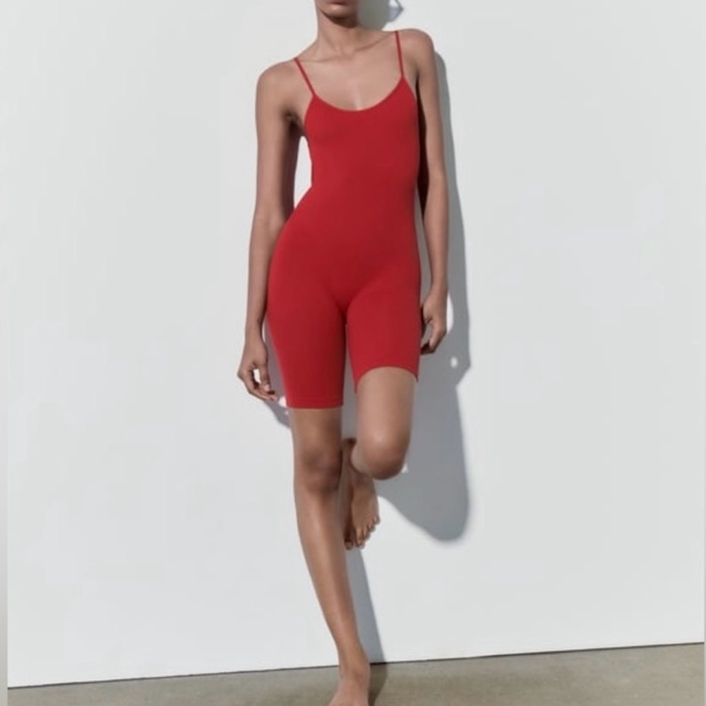 Zara Red Fitted Spaghetti-Strap Shapewear Romper